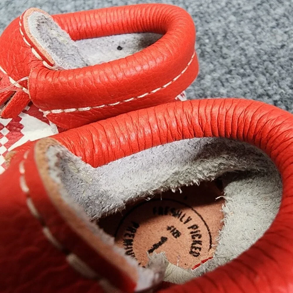 Freshly Picked Baby City Moccasins size 1 Red and white Fringe Leather Christmas